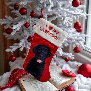 I Love My Labrador  Red Christmas Stocking Faux Fur Embroidery Black Lab 19"